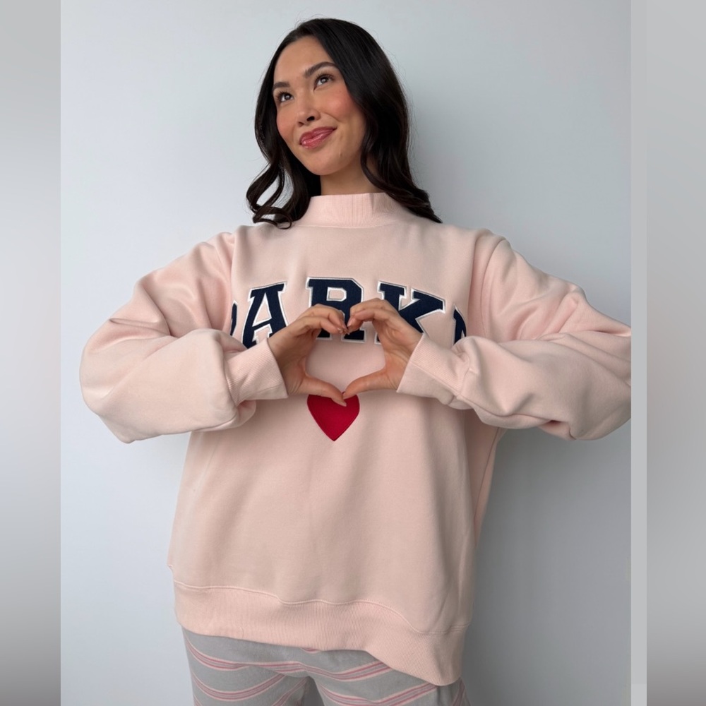 PARKE Valentine’s Day Fleece Heart Varsiry Mockneck PEONY DENIM XXL READY SHIP!!